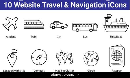 10 Symbole für Reisen und Navigation auf der Website eingestellt Stock Vektor