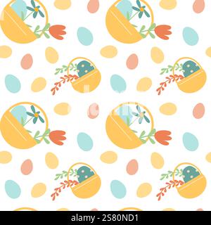 Das geometrische Muster „Happy easter“ mit Korb und Eiern sorgt für saisonales Design. Stock Vektor
