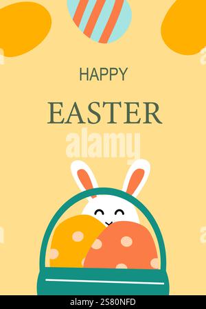 Niedlicher osterhase mit bunten Eiern im Korb auf Pastellhintergrund. Die abstrakte Karteikarte der modernen Geometrie. Stock Vektor