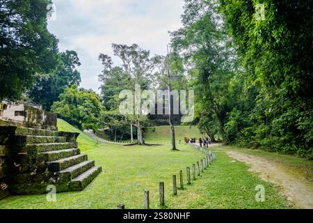 Touristen wandern auf Wanderwegen rund um den Tikal Nationalpark, Guatemala, Zentralamerika. Stockfoto