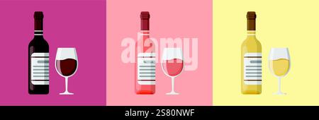 Weinflaschen mit Gläsern im flachen Stil. Alkoholgetränk-Vektorillustration auf isoliertem Hintergrund. Sektgetränk Sign Business-Konzept. Stock Vektor