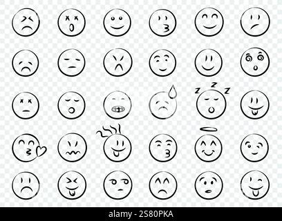 Emojis-Gesichter-Symbol im handgezeichneten Stil. Doddle Emoticons Vektor-Illustration auf isoliertem Hintergrund. Glückliches und trauriges Gesichtszeichen Geschäftskonzept. Stock Vektor