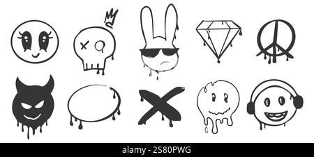 Graffiti Gangster Tattoo Elemente, Farbspritzer, Spray. Herzgesicht, Schädelset. Doodle Gunge groovige Druckkrone, Kirsche, Gruselset,. Vektorabbildung Stock Vektor