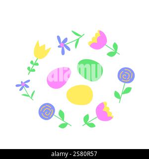 Bunte Frühlingsblumen und ostereier im Kreismuster. Stock Vektor