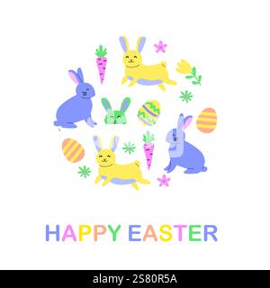 Grußkartendesign mit osterhasen und Eiern mit Karotten und Blumen. Stock Vektor