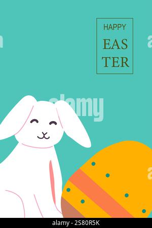 Glückliche osterkarte mit lächelndem Häschen und farbenfroher Eierillustration. Die abstrakte Karteikarte der modernen Geometrie. Stock Vektor