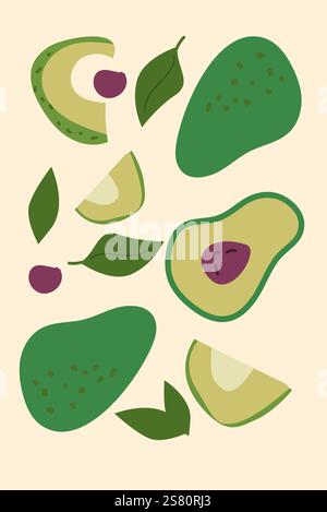 Farbenfrohe Avocado- und Blattmuster mit roten Beeren. Stock Vektor