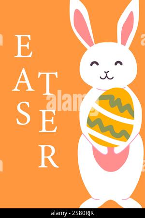 Niedlicher Karikatur-osterhase mit verziertem Ei auf orangem Hintergrund. Osterkarte modernes Design Stock Vektor