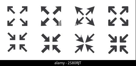 Vollbild-Symbol-Menü-Cursor-Bitton, Zeiger zur Steuerung der Anwendungsgröße. Zeilennavigation in der Web-benutzeroberfläche Symbol Maximieren oder Minimaze. App-Pfeil. Eingeben oder Beenden. Vektorabbildung Stock Vektor