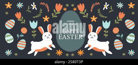 Happy easter Card mit Hasen, Eiern und Blumen in farbenfrohem Frühlingsdesign. Stock Vektor