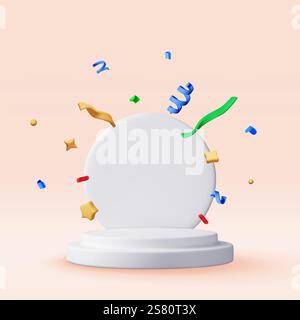 Weißes 3D-Podium mit Konfetti isoliert. Stock Vektor