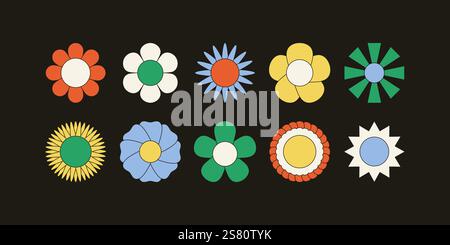 Retro-groovige abstrakte Blumen. Niedliche, naive florale Doodle-Elemente, moderne kindliche Blütenikonen im Hippie-Stil der 60er 70er Jahre. Modernes Vektor-Set. Stock Vektor