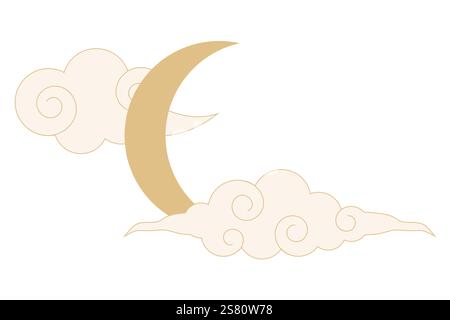 Himmlische Hexe spirituelle Dekoration mit asiatischen Wolken Mond, Sonnenaufgang. Linienastrologieelement, minimaler geometrischer Hintergrund. Vektorabbildung Stock Vektor