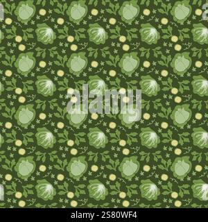 Grünkohl und Blumenmuster auf dunklem Hintergrund. Stock Vektor