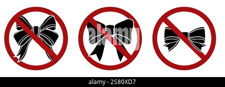 Vektorsatz verbotener Schilder mit schwarzer Silhouette von Schleifen für Aufkleber und Abzeichen. Feiertage sind verboten. Geschenke sind nicht erlaubt. Band ist verboten Stock Vektor