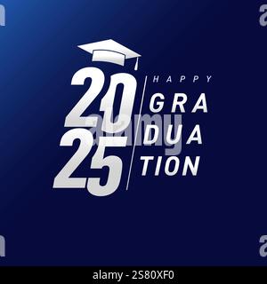 Kreatives quadratisches Logo der Klasse 2025. Textdesign, Hintergrundbild oder Webbanner. Isolierte Nummer 20 25, Motarboard und Schriftzug. T-Shirt, Stock Vektor