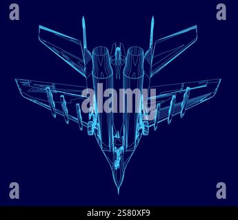 Das Bild zeigt ein blaues Flugzeug mit einem Flügel. Das Flugzeug ist ein Kampfflugzeug und wird in einer stilisierten, cartoonischen Art dargestellt Stock Vektor