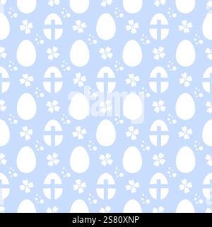 Nahtloses Muster mit Ostereiern, einem Kreuz und Frühlingsblumen. Weiß und blau. Eine einfache abstrakte dekorative Vorlage zur Feier der Osterfeiertage. Druck für Textilien, Verpackungen Stock Vektor