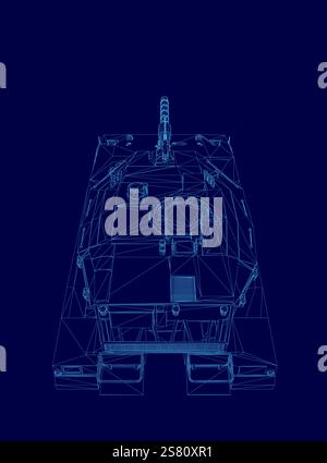 Blaue Zeichnung eines Tanks. Der Tank wird in einem 3D-Format mit blauem Hintergrund angezeigt. Der Tank ist von der Seite dargestellt, wobei die Vorderseite des Tanks sichtbar ist Stock Vektor