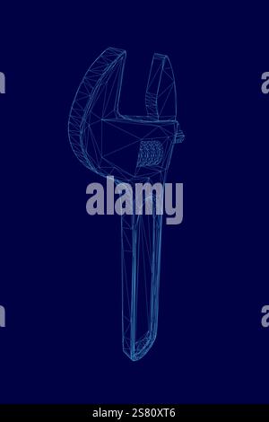 Blauer Schraubenschlüssel wird in einem 3D-Bild dargestellt. Der Schraubenschlüssel ist ein Werkzeug zum Festziehen oder Lösen von Muttern und Schrauben. Das Bild hat ein blaues Farbschema, das g Stock Vektor