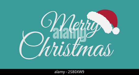 Merry Christmas White Schriftzug und Weihnachtsmann Hut auf smaragdgrünem Hintergrund. Design-Konzept für Grußkarten. Isolierte Vektor-Illustration Thematische Karten, Poster, Aufkleber oder Web-Werbebanner, Broschüren, Etiketten Stock Vektor
