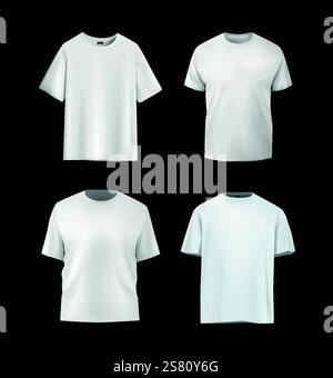 Realistisches weißes T-Shirt-Set. Keine Vorlage für Hemden mit Ärmeln für Designs. Stock Vektor