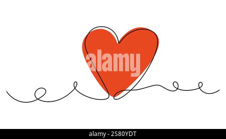 Herzsymbol mit einer durchgehenden Linie. Minimalistisches lineares romantisches Liebessymbol mit roter Herzform und Valentinstag-Grußkarte. Vektorabbildung. Stock Vektor