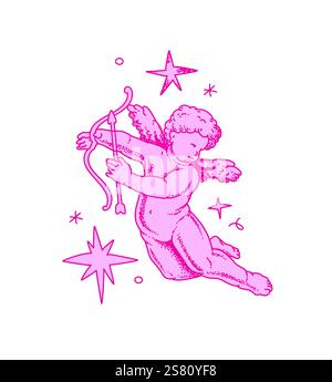Cherub skizziert und Linie Kunst zum Valentinstag mit Cupid Vektor. Vektorsymbol für Liebe und Romantik. Antike Engel Baby Cupid Illustration Stock Vektor