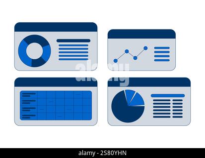 Business-Dashboard mit Tortendiagrammen und Diagrammen 2D-Zeichentrickobjekten Stock Vektor