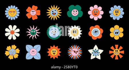 Groovige Zeichentrickfiguren. Niedliche farbenfrohe Retro-Pflanzen der 60er 70er 80er 90er Jahre, florale Hippie-Pflanzen, abstrakte Y2K lustige Blütengesichter. Vektor-isolierte se Stock Vektor