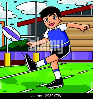 Rugby-Spieler Kicking the Ball Farbiger Cartoon Stock Vektor