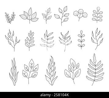 Abstrakte einzeilige Kunst eines Blattes und botanischer Elemente im minimalistischen Boho-Stil. Stock Vektor