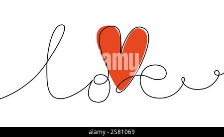 World Love eine durchgehende Linienzeichnung. Minimalistischer romantischer linearer Schriftzug mit roter Herzform für Valentinskarten. Vektorabbildung. Stock Vektor