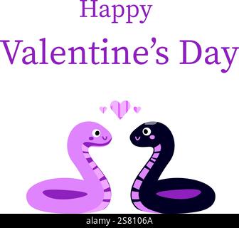 Zwei Zeichentrickschlangen in Pink und Lila mit Herzen und Text zum Valentinstag oben. Stock Vektor