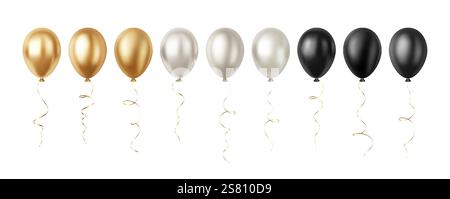 Satz realistischer 3D Silver Gold Black Party Event Ballons isoliert auf weißem Hintergrund Stock Vektor