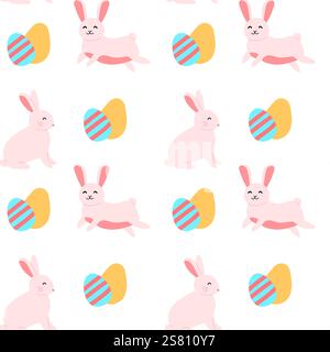 Fröhliche osterfeier mit niedlichen Häschen und farbenfrohen geometrischen Eiermustern. Stock Vektor