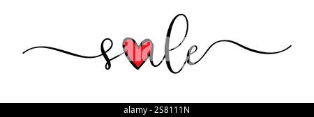 Word SALE Design, horizontales Tapetenbanner, Web Button Konzept. Kreativer Text. Niedliche handgeschriebene Kalligraphie mit rotem Herzen. Valentinstag Stock Vektor