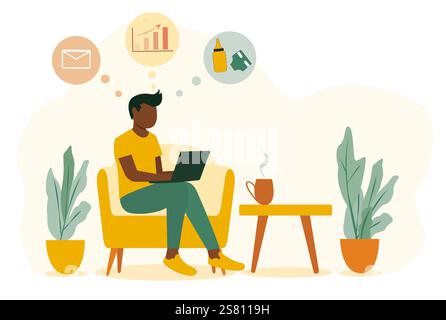 Vater im Mutterschaftsurlaub arbeitet aus der Ferne und sorgt für ein ausgewogenes Familienleben bei gleichzeitiger Verwaltung von Aufgaben zu Hause Stock Vektor