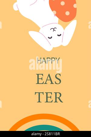 Frohe ostergrüße mit süßem weißen Häschen und bunten Eiern. Die abstrakte Karteikarte der modernen Geometrie. Stock Vektor