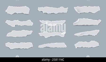 Set aus weißen zerrissenen Papierstücken unterschiedlicher Formen, isoliert auf hellem Hintergrund. Blatt Papier mit Schatten und gerissenen Kanten. Vektorabbildung. Stock Vektor