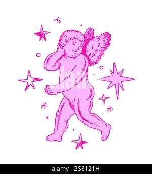 Cherub skizziert und Linie Kunst zum Valentinstag mit Cupid Vektor. Vektorsymbol für Liebe und Romantik. Antike Engel Baby Cupid Illustration Stock Vektor