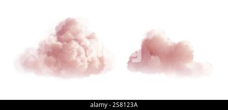 Weiche und flauschige rosa Wolken isoliert auf weißem Hintergrund. Ein Paar hellrosa Wolken, die ruhig vor reinweißem Hintergrund schweben Stock Vektor