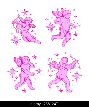 Cherub skizziert und Linie Kunst zum Valentinstag mit Cupid Vektor. Vektorsymbol für Liebe und Romantik. Antike Engel Baby Cupid Illustration Stock Vektor