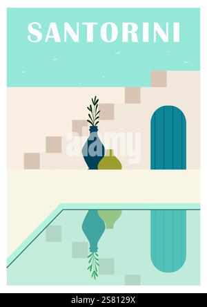 Griechenland Santorini-Reiseplakat. Griechische weiße Gebäude Illustration. Mediterrane europäische Kultur und Architektur. Einfache Kunst im Vintage-Stil Stock Vektor