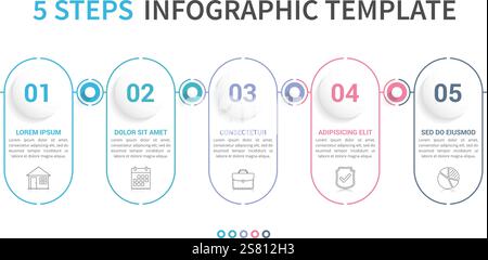 Infografikvorlage mit fünf Schritten oder Optionen, Workflow, Prozessdiagramm, minimales lineares Design, Vektorgrafik eps10-Illustration Stock Vektor