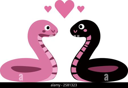 Schlangen in Rosa und Braun mit Herzen oben. Illustration des flachen Vektors auf weißem Hintergrund. Valentinstag. Stock Vektor