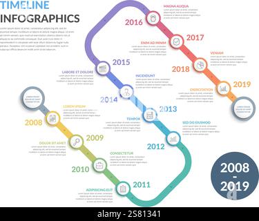 Zeitachse mit Symbolen, 12 Elementen, Infografik-Vorlage für Web, Business, Präsentationen, Vektorgrafik-eps10-Illustration Stock Vektor