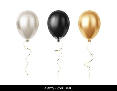 Satz realistischer 3D Silver Gold Black Party Event Ballons isoliert auf weißem Hintergrund Stock Vektor