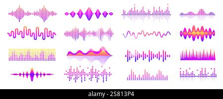 Schallwellen. Audio-Musik Rhythmus-Wellenimpuls, Balkenanzeige für den Sprachsignalpegel, Symbole für die Songkurvenform. Vektorlautrauschen Schlag-Wellenformen isolierter Satz. Stock Vektor
