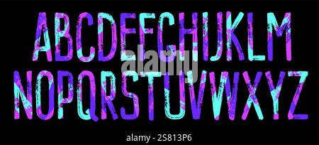 Bunte Schriftzeichen mit Pinselstrich. Regenbogen-Alphabet mit niedlichen lustigen Zeichenzeichen, Comic-festlicher handgeschriebener Grunge-Schriftzug für Kinder. Stock Vektor